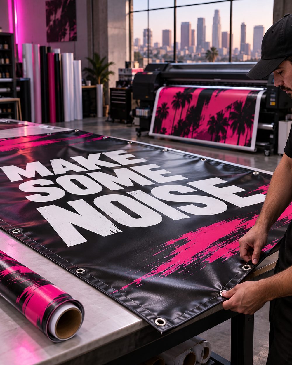 Black and magenta vinyl banner being finished with metal grommets in a Los Angeles print studio