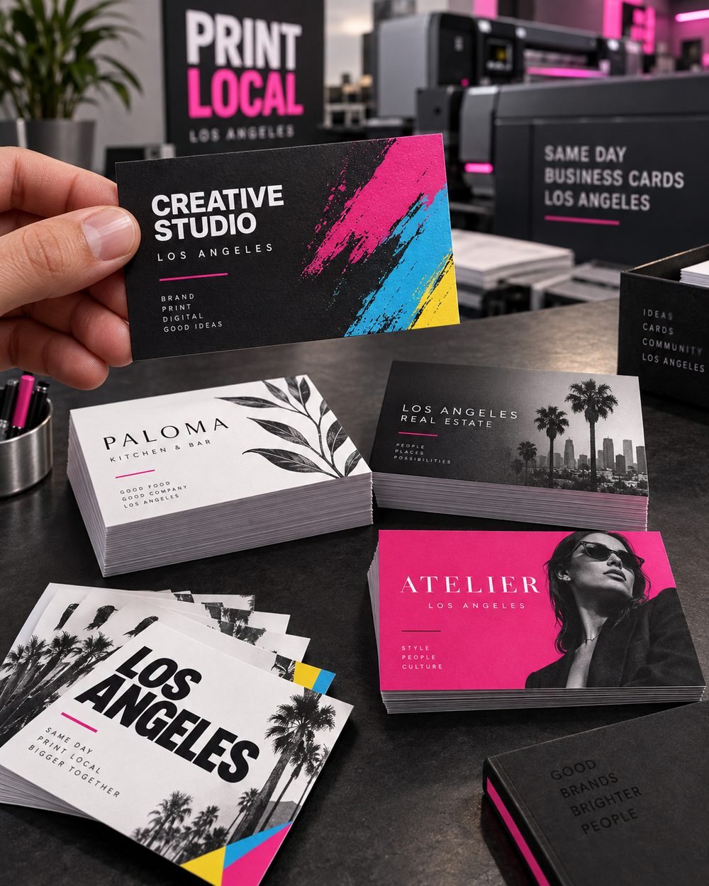 Premium stacks of modern full-color business cards printed in Los Angeles
