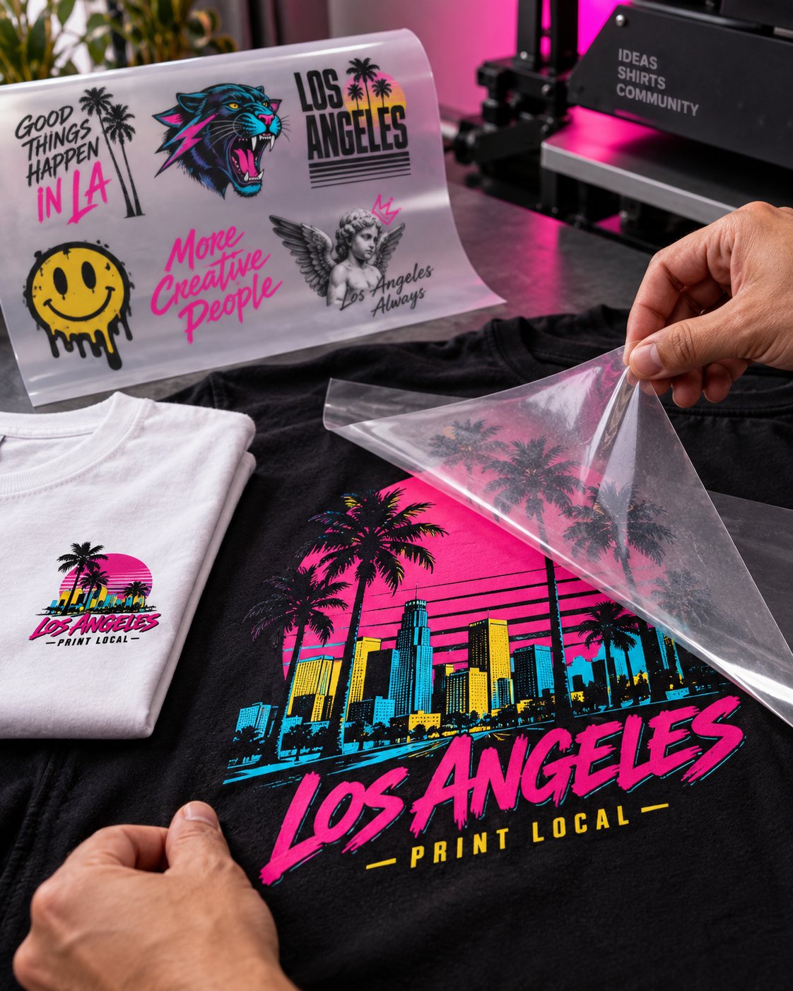 DTF product mockup with colorful Los Angeles gang-sheet designs and transfer film peeling from a printed black T-shirt