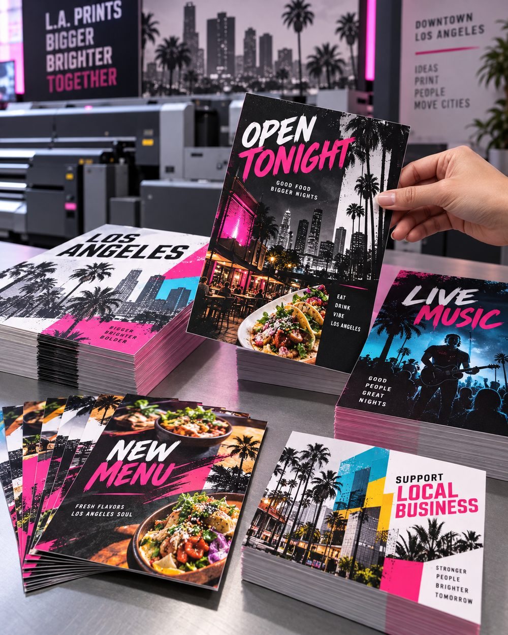 Stacks of colorful flyers for Los Angeles events, restaurants and local businesses