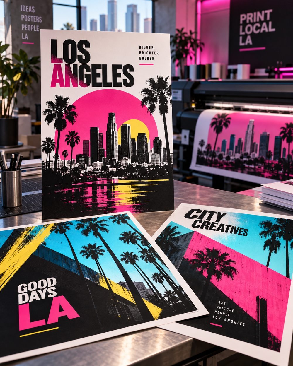 Colorful Los Angeles posters printed in a modern print studio