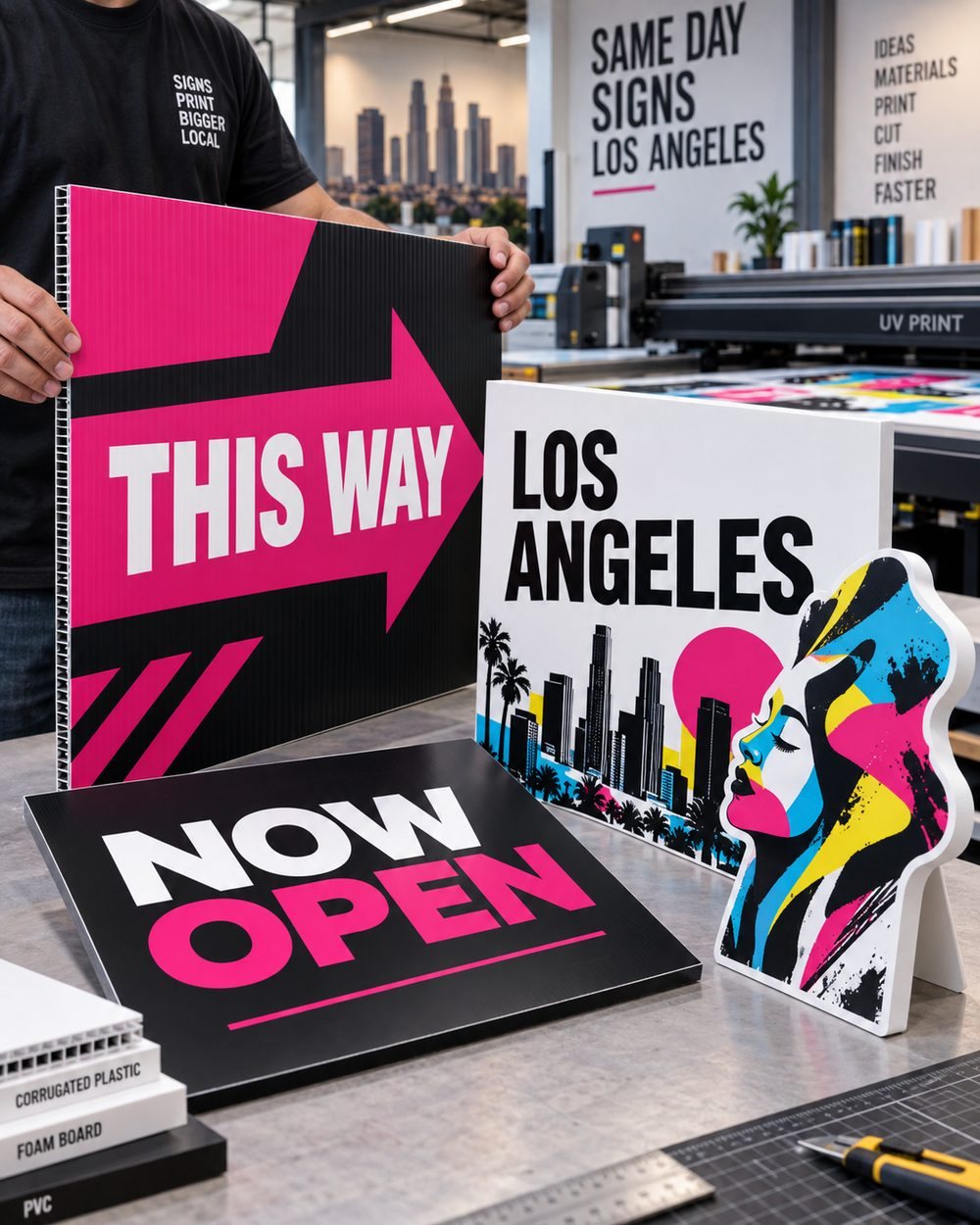 Coroplast, foam board, PVC and contour-cut signs produced in a Los Angeles sign shop
